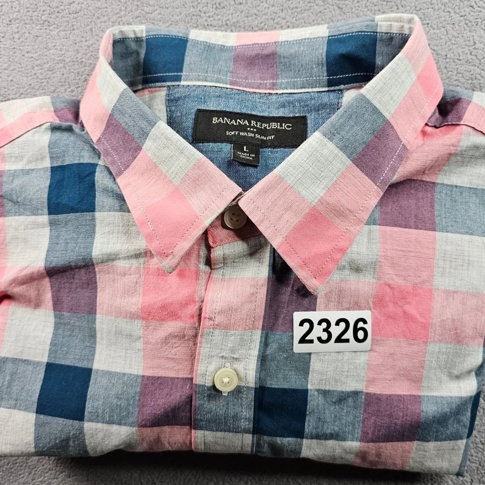 Banana Republic Shirt Men's Large‎ Blue Pink Plaid Soft Wash Slim Fit Button-Up